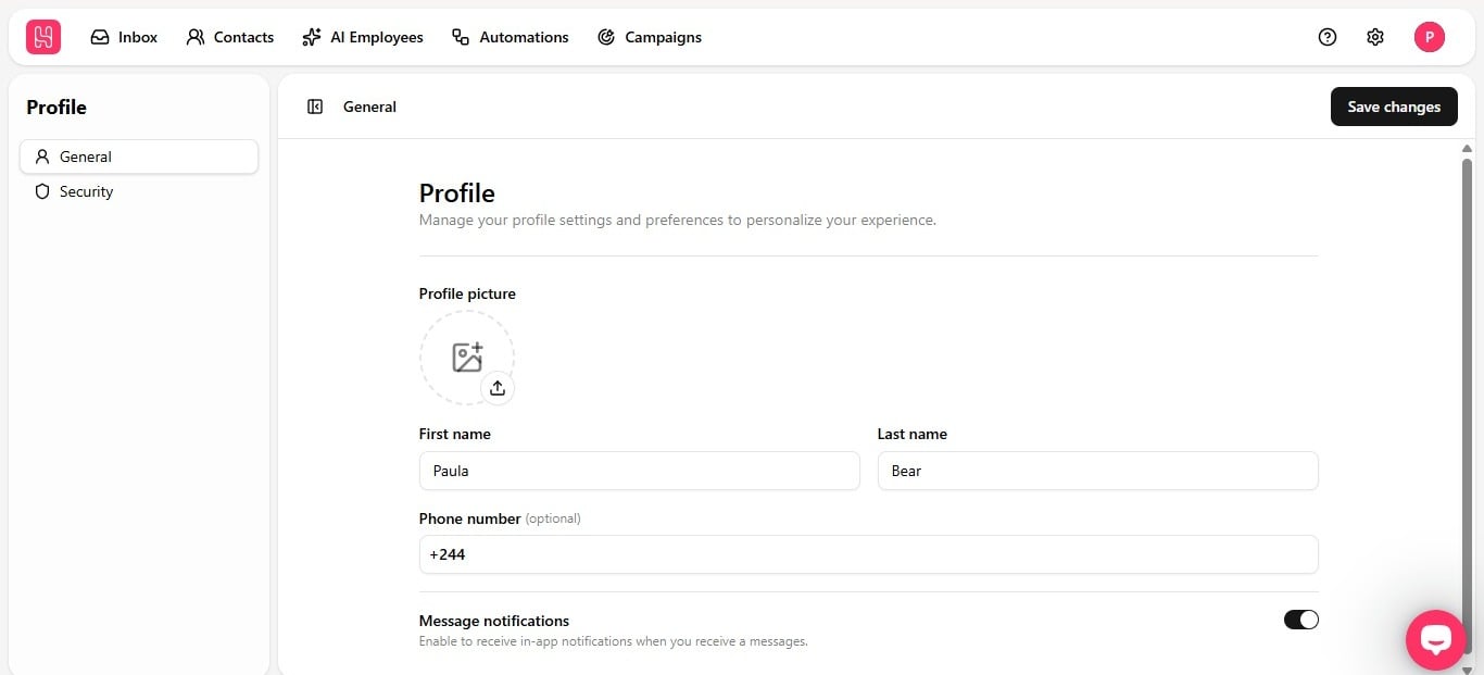 Profile page showing profile picture, name fields, phone number, and message notifications toggle