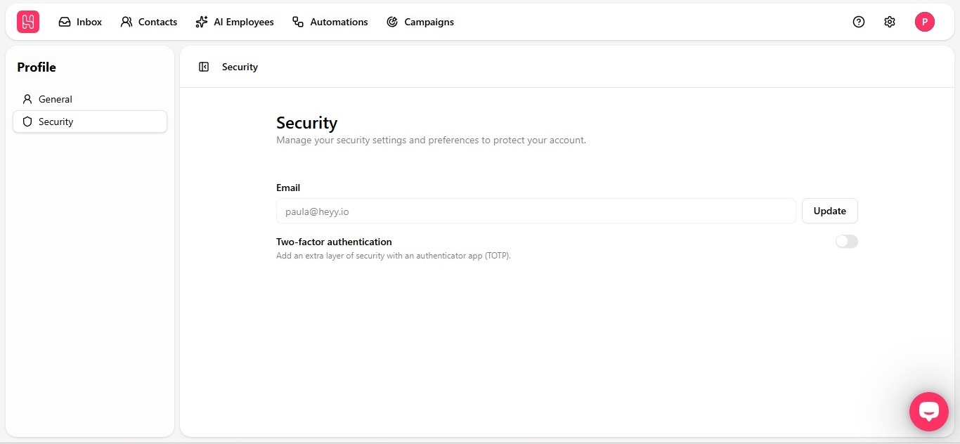 Security page showing the email field and two-factor authentication toggle