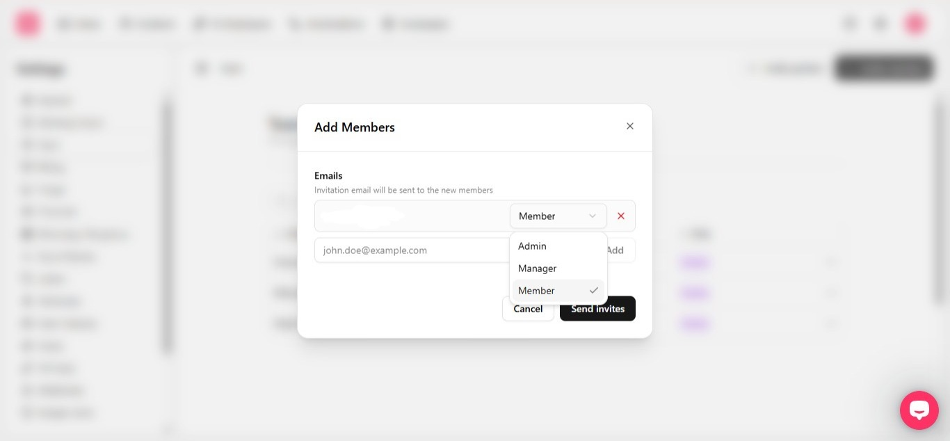 Add Members modal with an email field and a role dropdown showing Admin, Manager, and Member