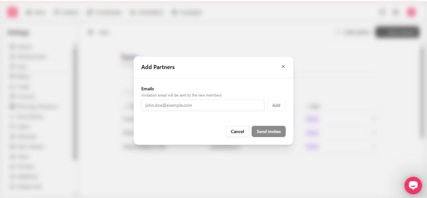 Add Partners modal with an email field for inviting an external collaborator