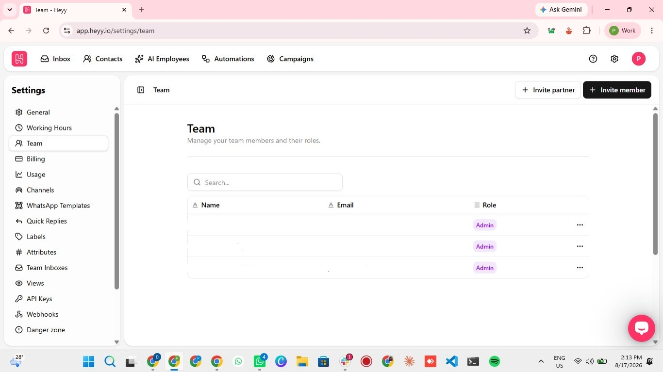 Team page in Settings showing the team members list with Invite member and Invite partner buttons