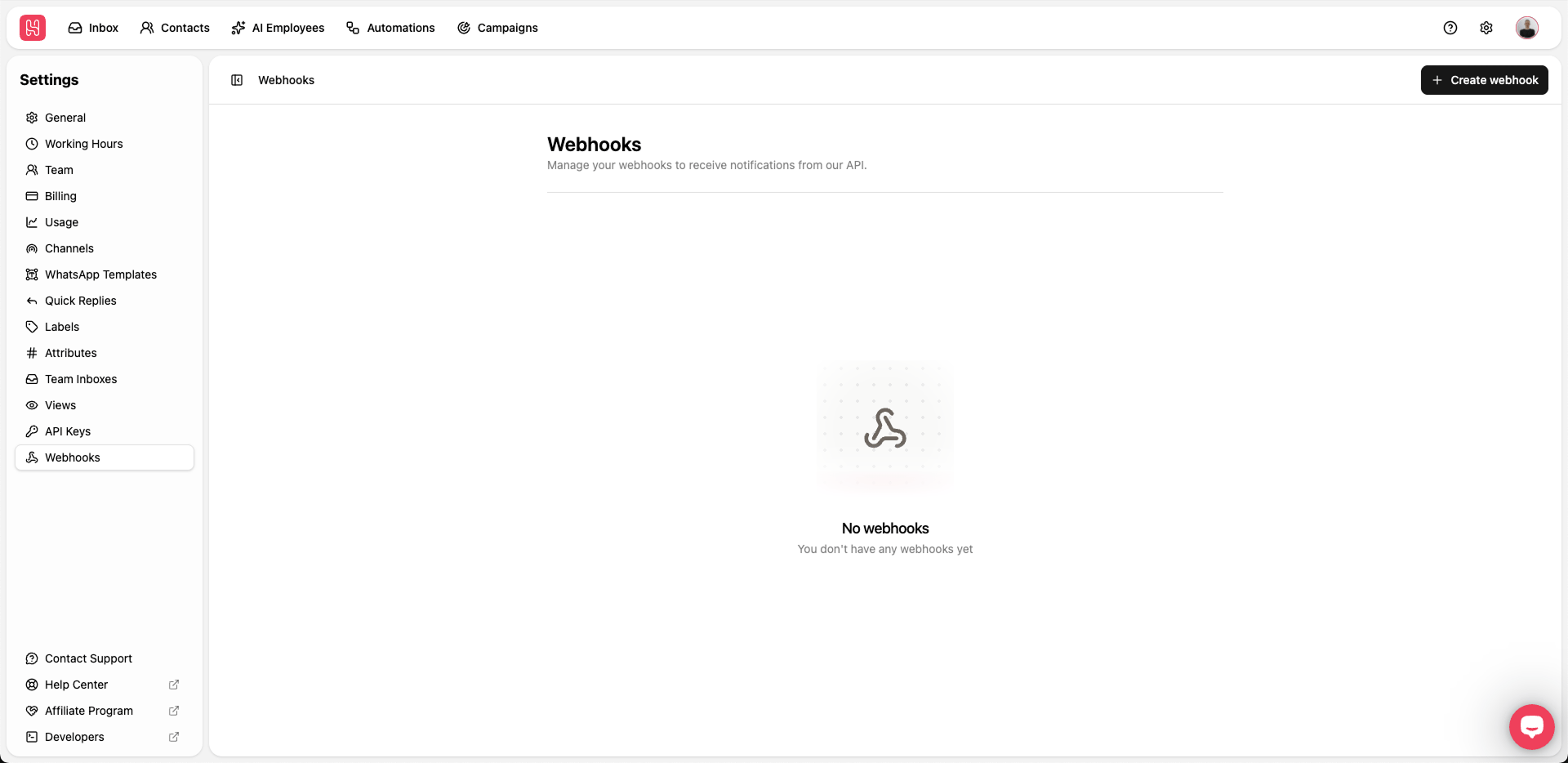 Webhooks settings
