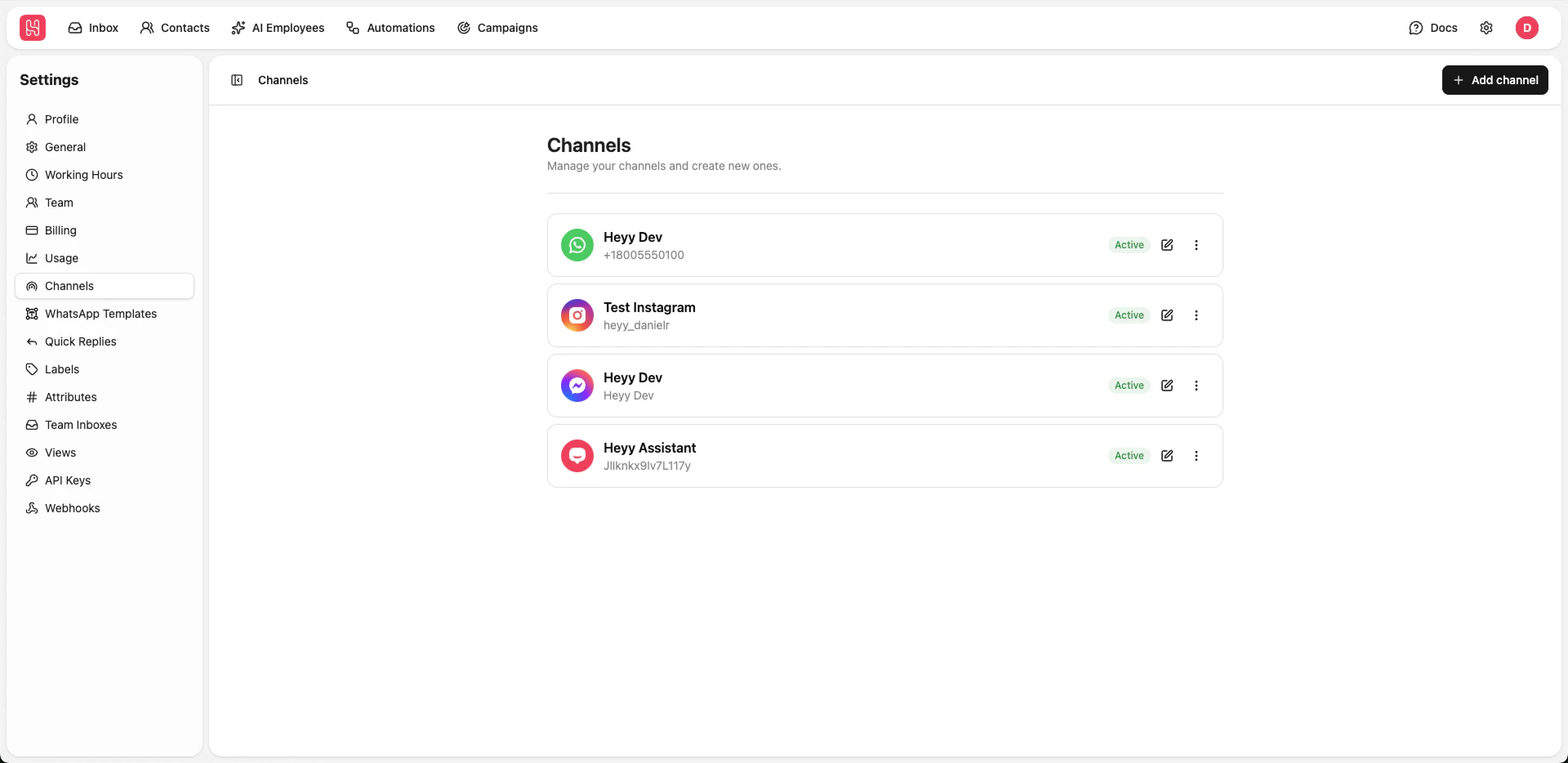Channels Settings