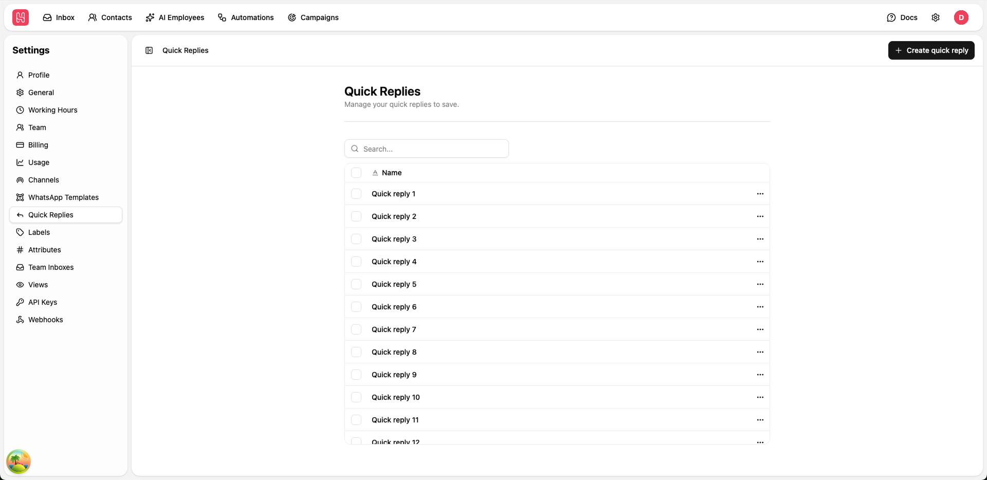 Quick Replies Settings