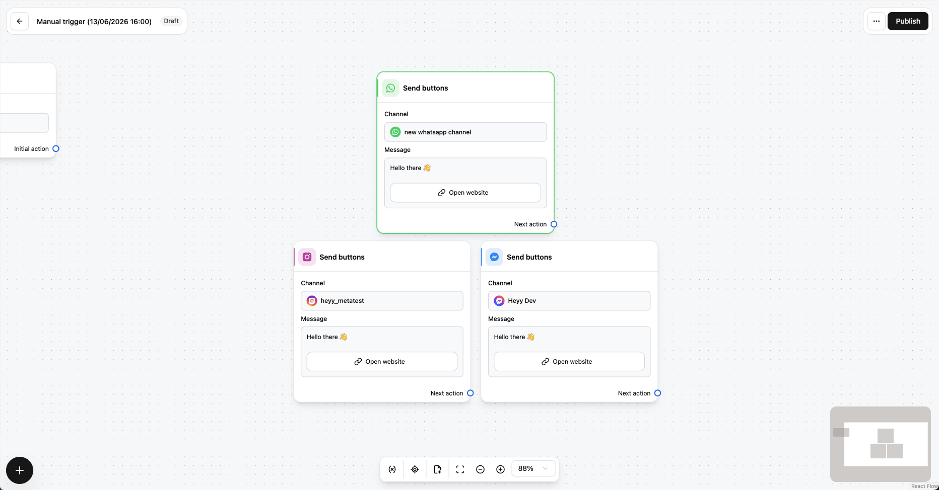 URL buttons for WhatsApp, Instagram, and Facebook
