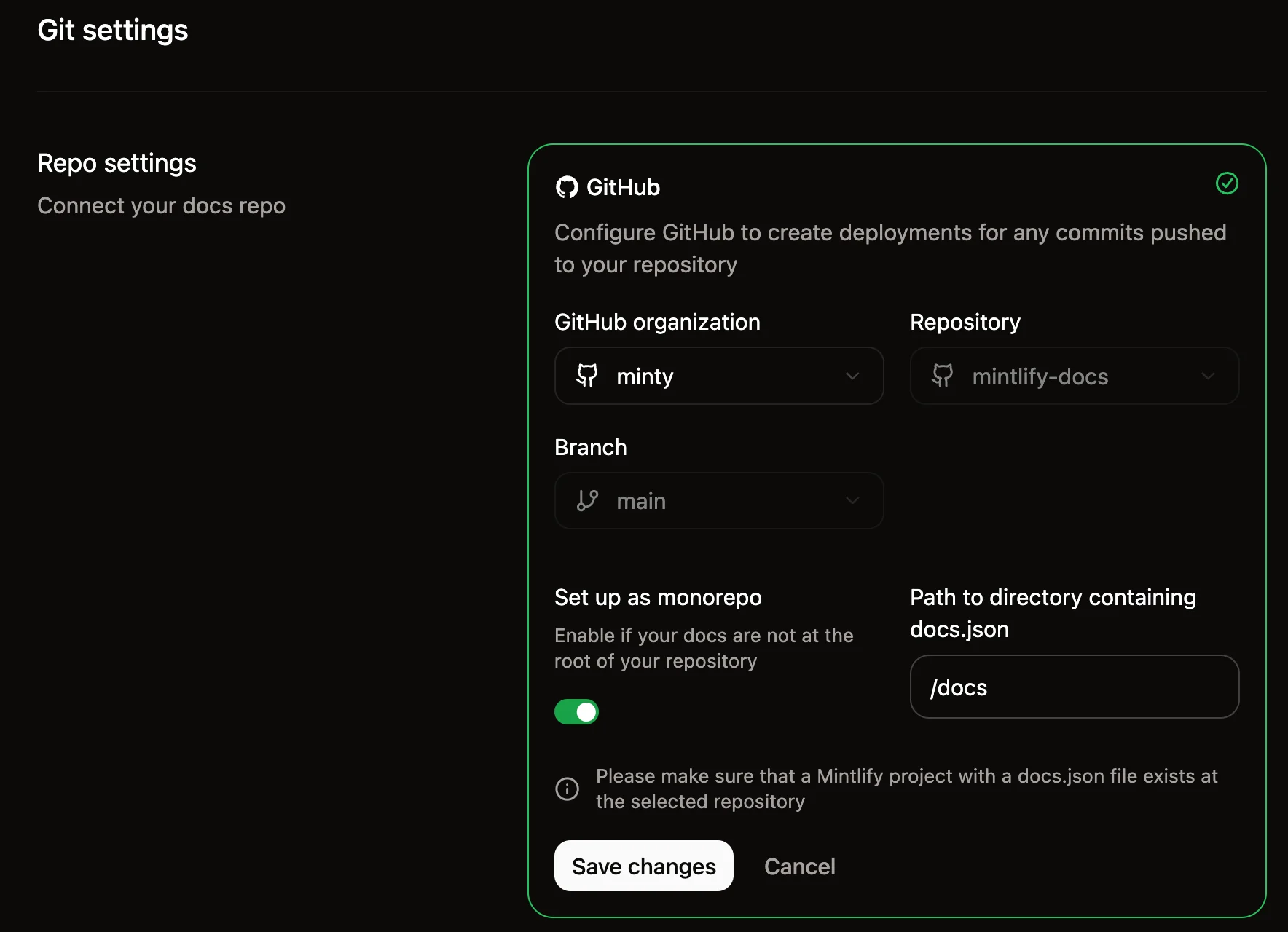Repository settings in the Git settings page.