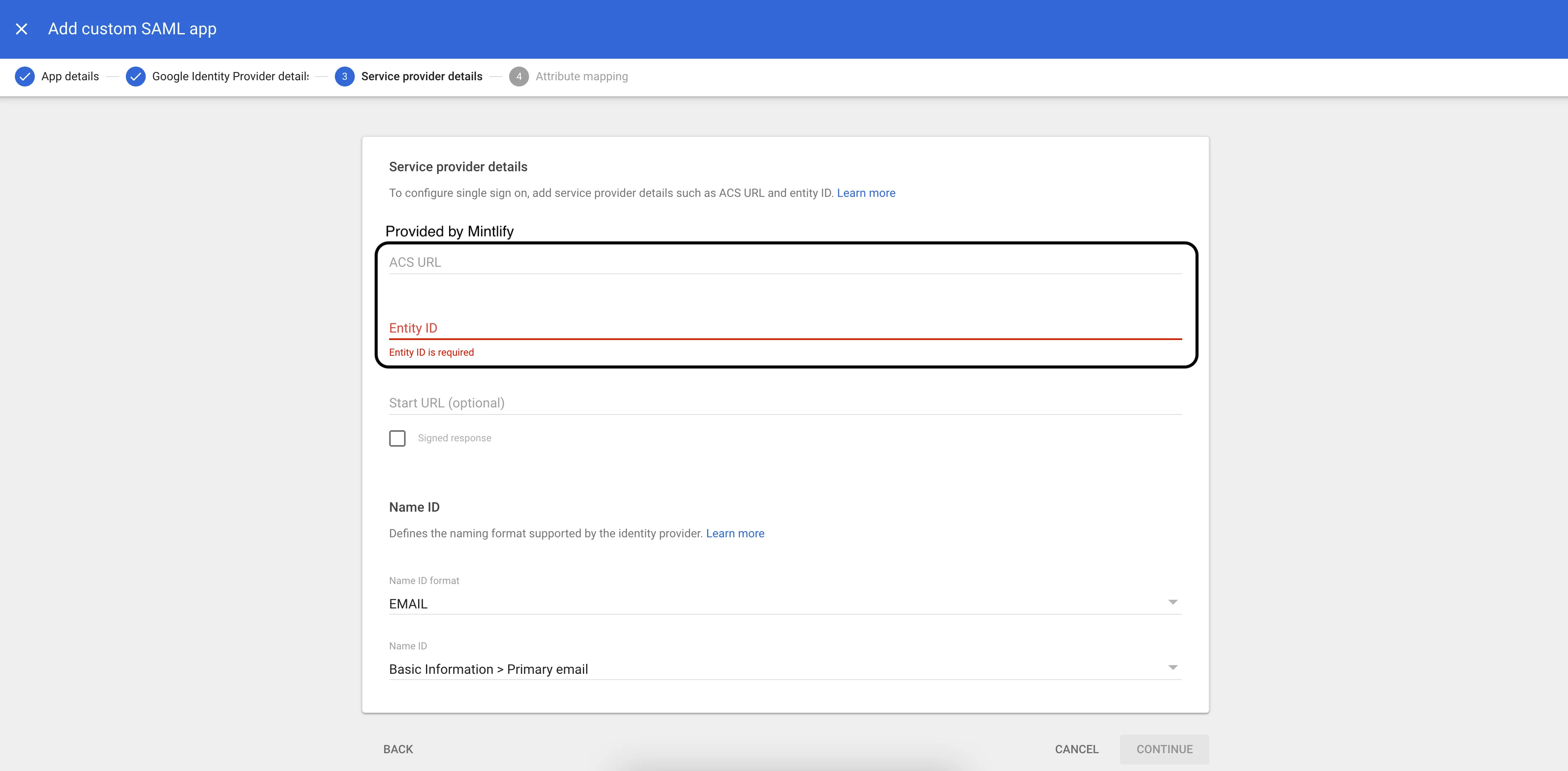 Screenshot of the Service provider details page with the ACS URL and Entity ID input fields highlighted.