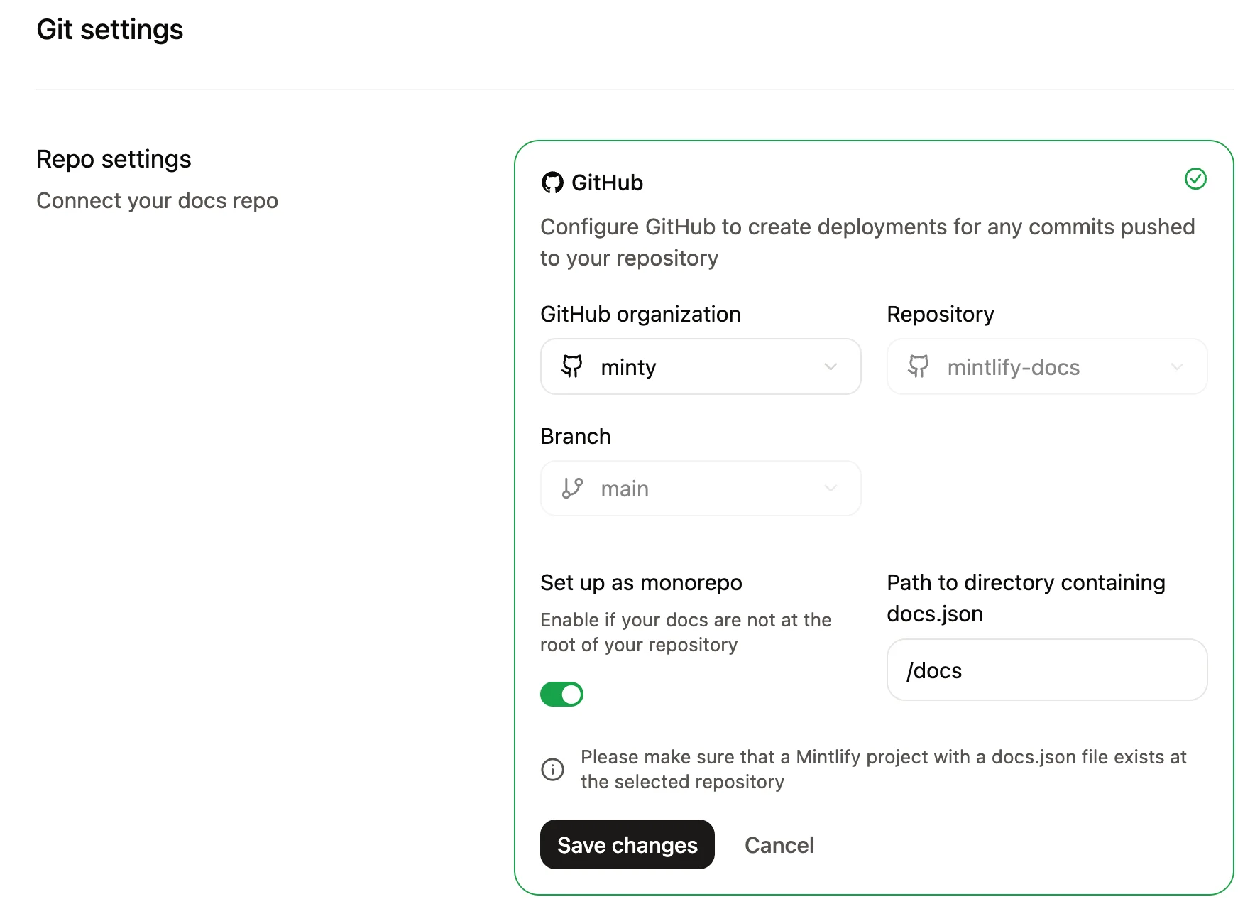 Repository settings in the Git settings page.