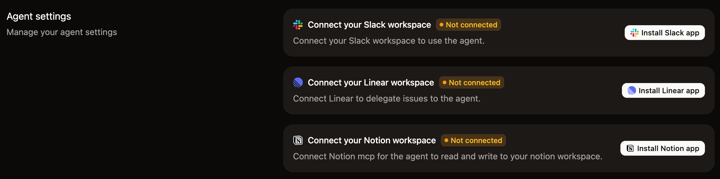 La sección de configuración de aplicaciones con los botones de instalación de Slack y Notion.