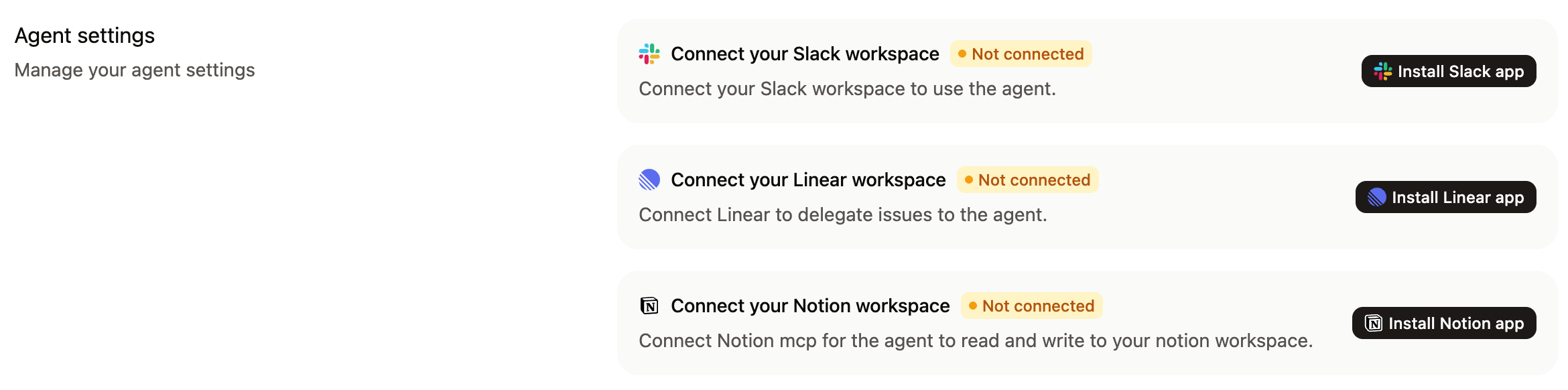 La sección de configuración de aplicaciones con los botones de instalación de Slack y Notion.