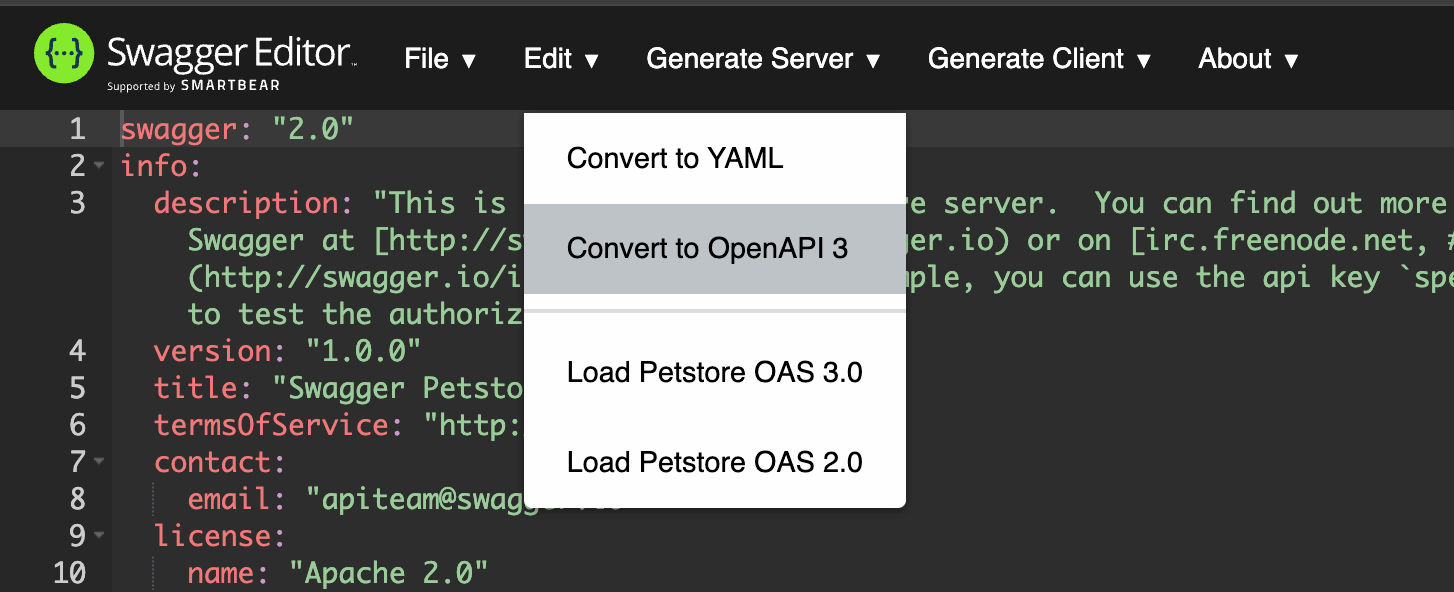Screenshot of the Swagger Editor with the Edit menu expanded and the "Convert to OpenAPI 3" menu item highlighted.