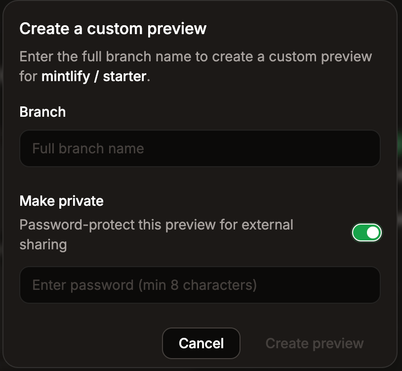 The Create a custom preview modal with the Make private toggle enabled and a password field.