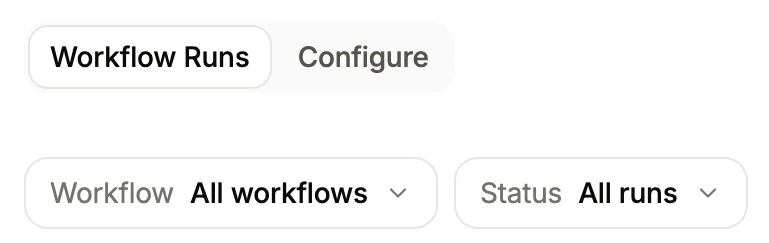Workflow runs page showing the workflow and status filters.
