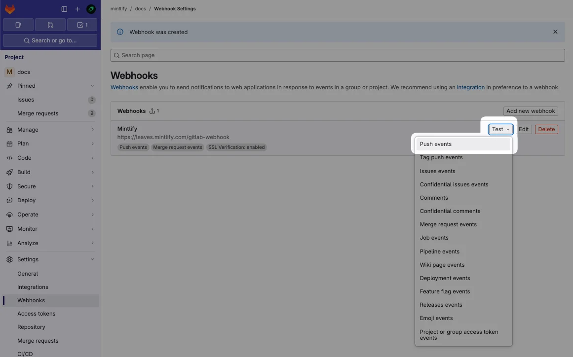 GitLab Webhooks 页面截图。'Test' 菜单中的 'Push events' 菜单项被高亮显示。
