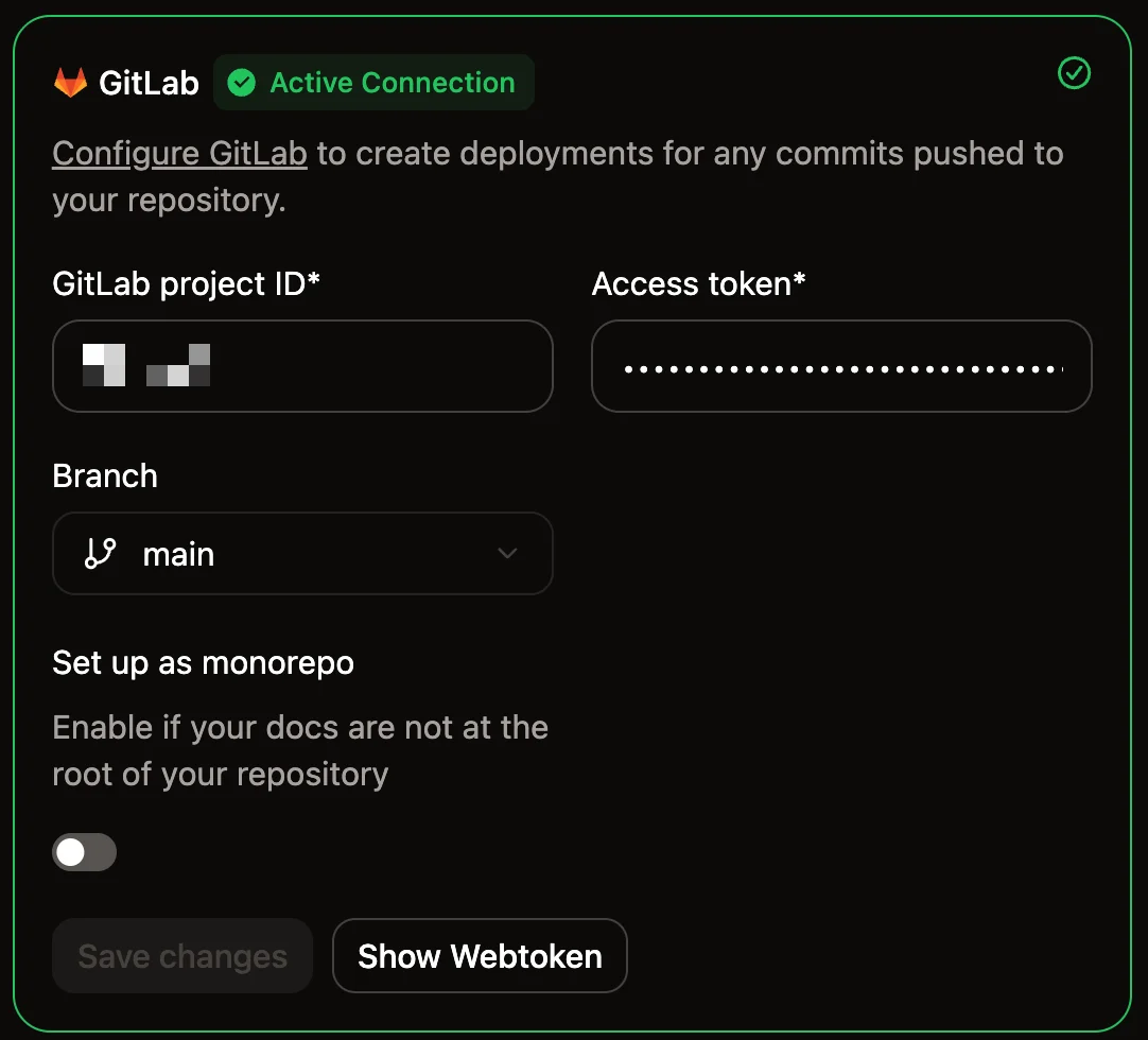 Mintlify 控制台中 GitLab 连接的截图。