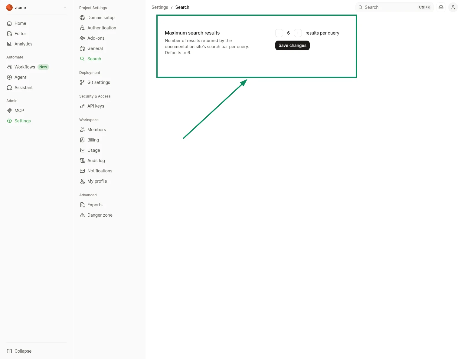 The Search settings page in the dashboard with the Maximum search results stepper set to 6.
