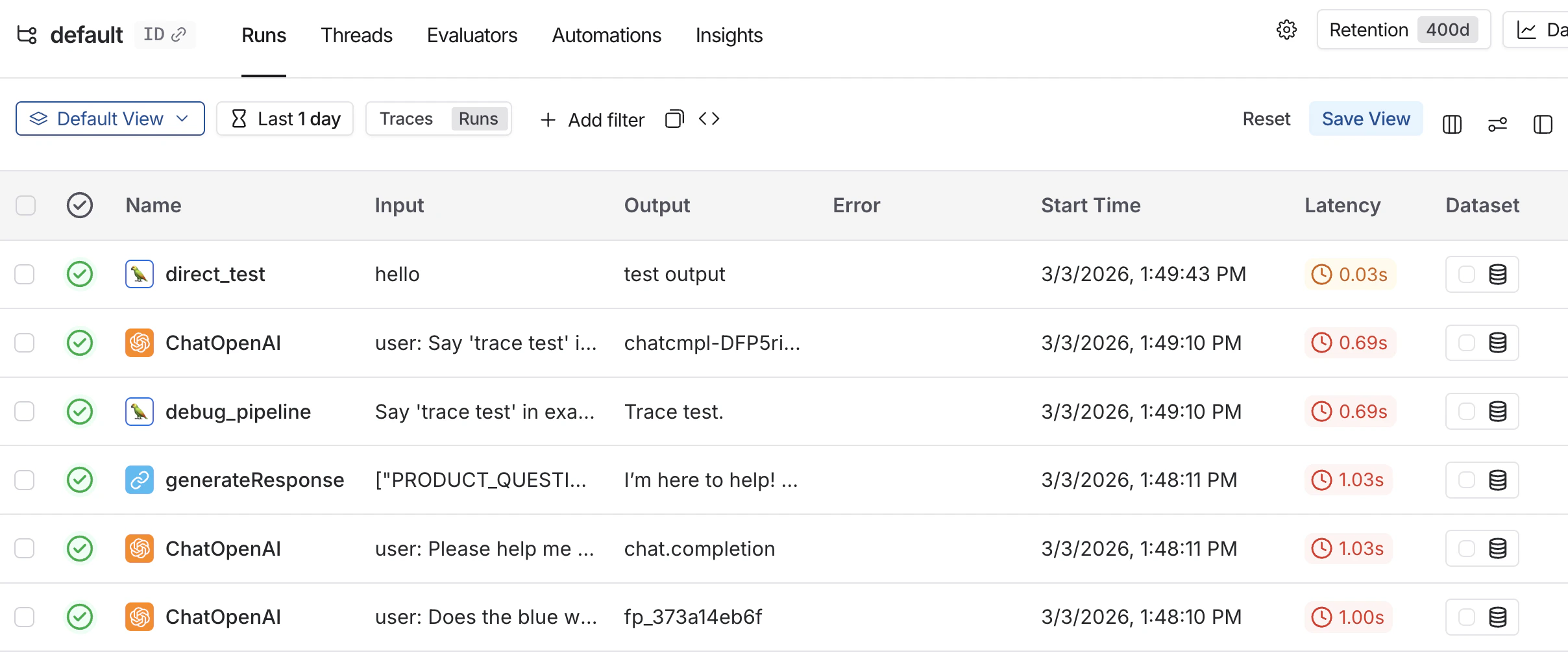 LangSmith UI 中的运行详情页面。
