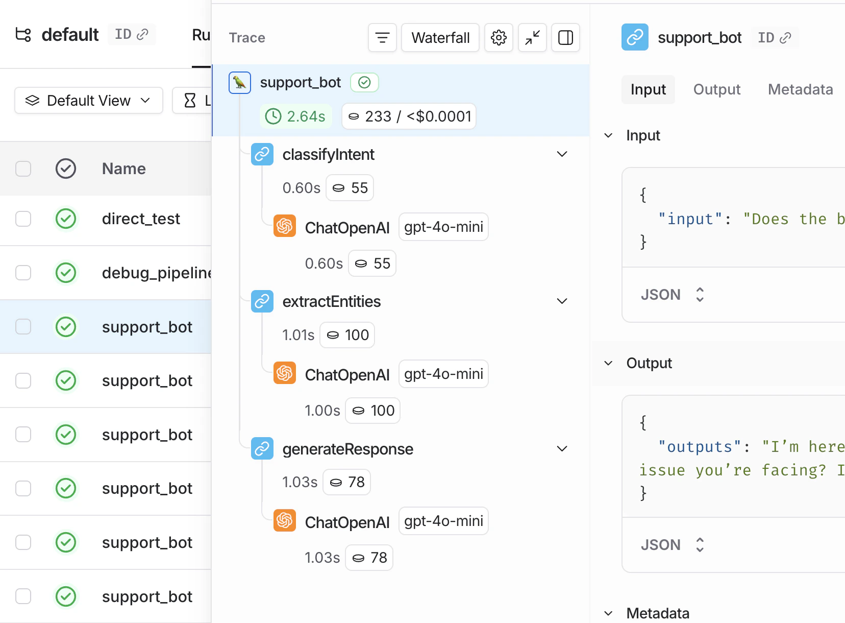 LangSmith UI 中显示单个运行的追踪视图。
