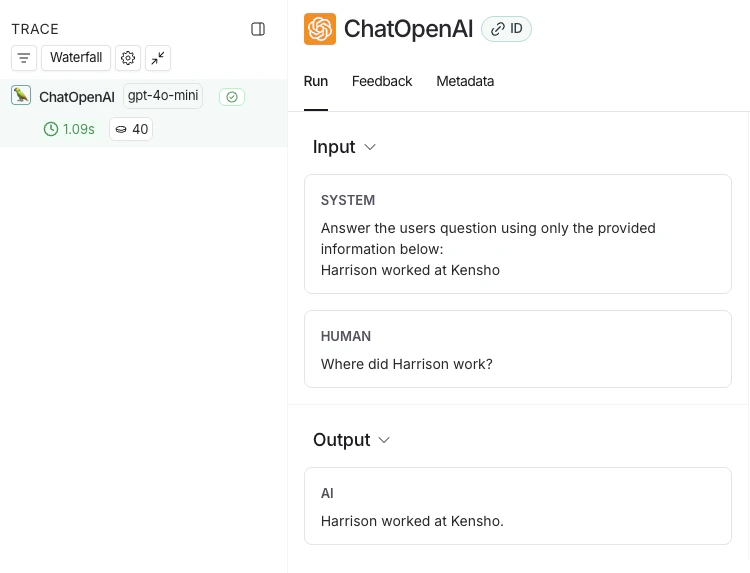 LangSmith UI 显示一个名为 ChatOpenAI 的 LLM 调用追踪,包含系统输入和人类输入,后跟 AI 输出。