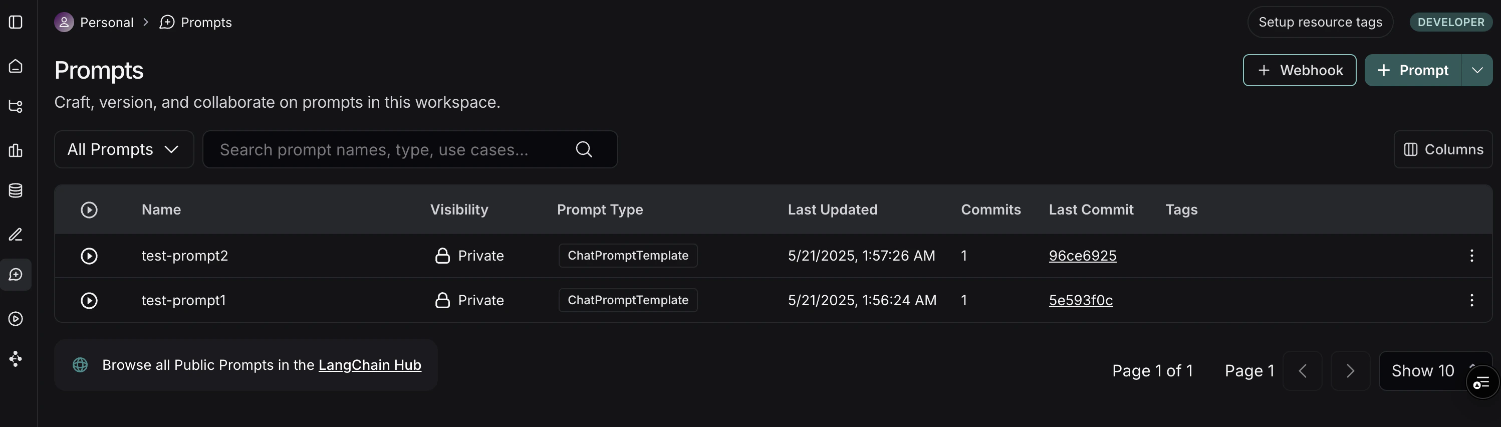 LangSmith Prompts 部分