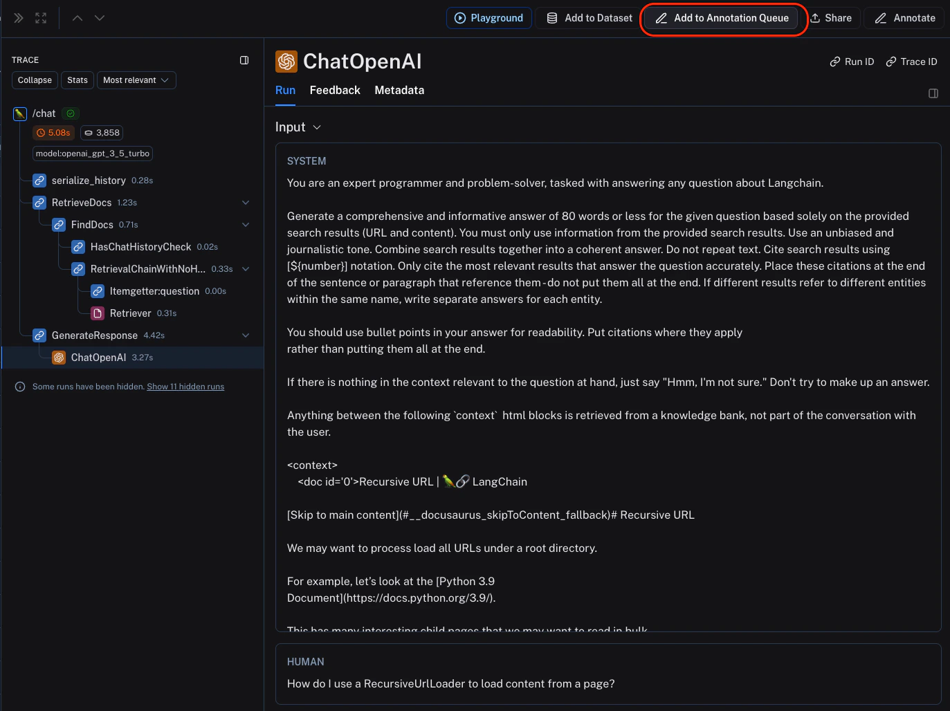 追踪视图,屏幕顶部的“添加到标注队列”按钮高亮显示。