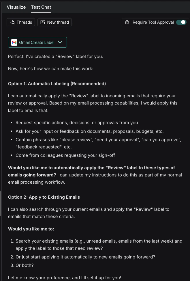 测试聊天输出视图,包含 Gmail 工具的审批响应。