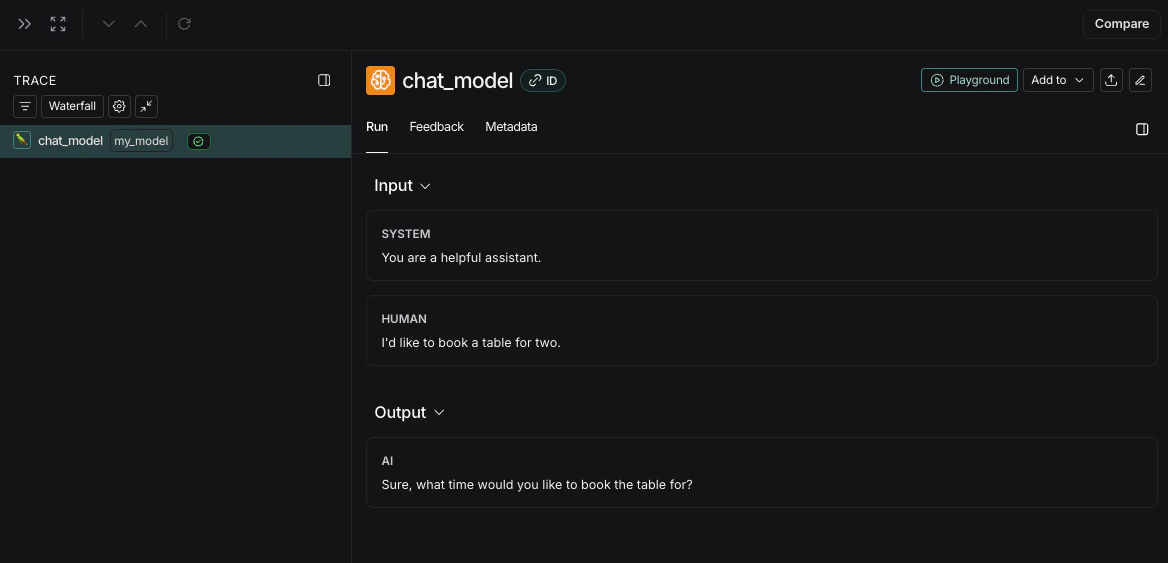 LangSmith UI 显示一个名为 ChatOpenAI 的 LLM 调用跟踪,包含系统和人机输入,后跟 AI 输出。