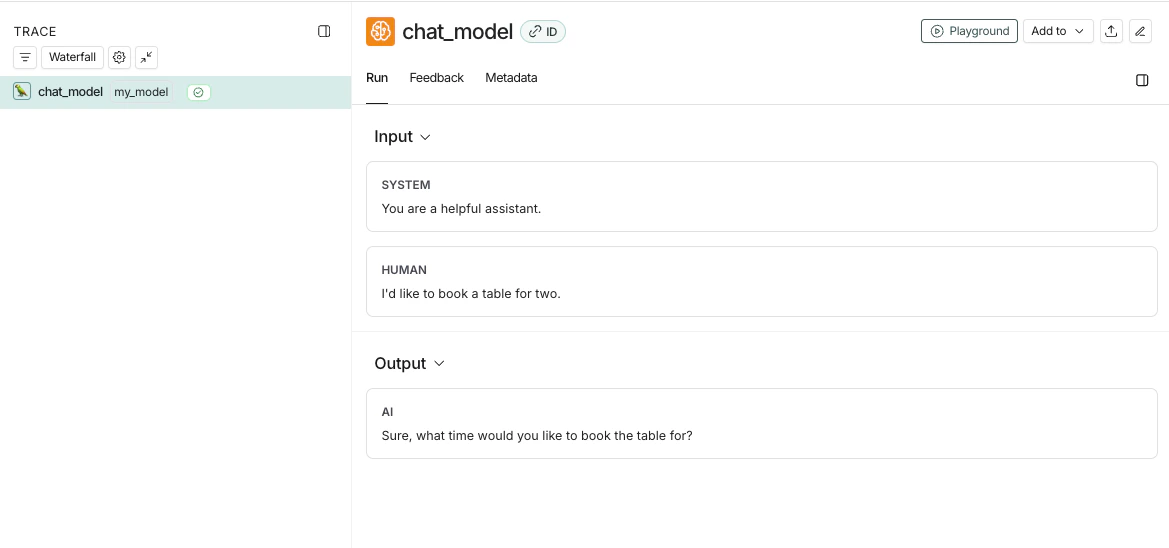 LangSmith UI 显示一个名为 ChatOpenAI 的 LLM 调用跟踪,包含系统和人机输入,后跟 AI 输出。