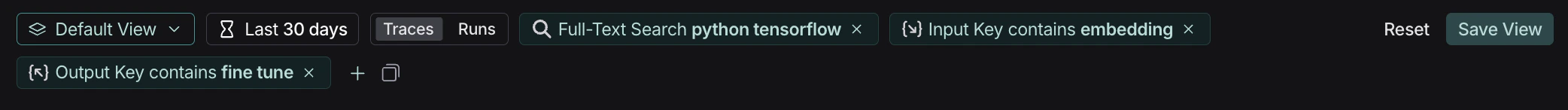 LangSmith筛选栏,显示全文搜索和输入/输出筛选器,以及针对python、tensorflow、embedding、fine和tune的示例搜索词