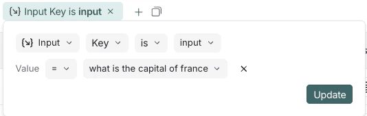LangSmith筛选器,显示针对'input'键且值为'What is the capital of France?'的输入键值搜索
