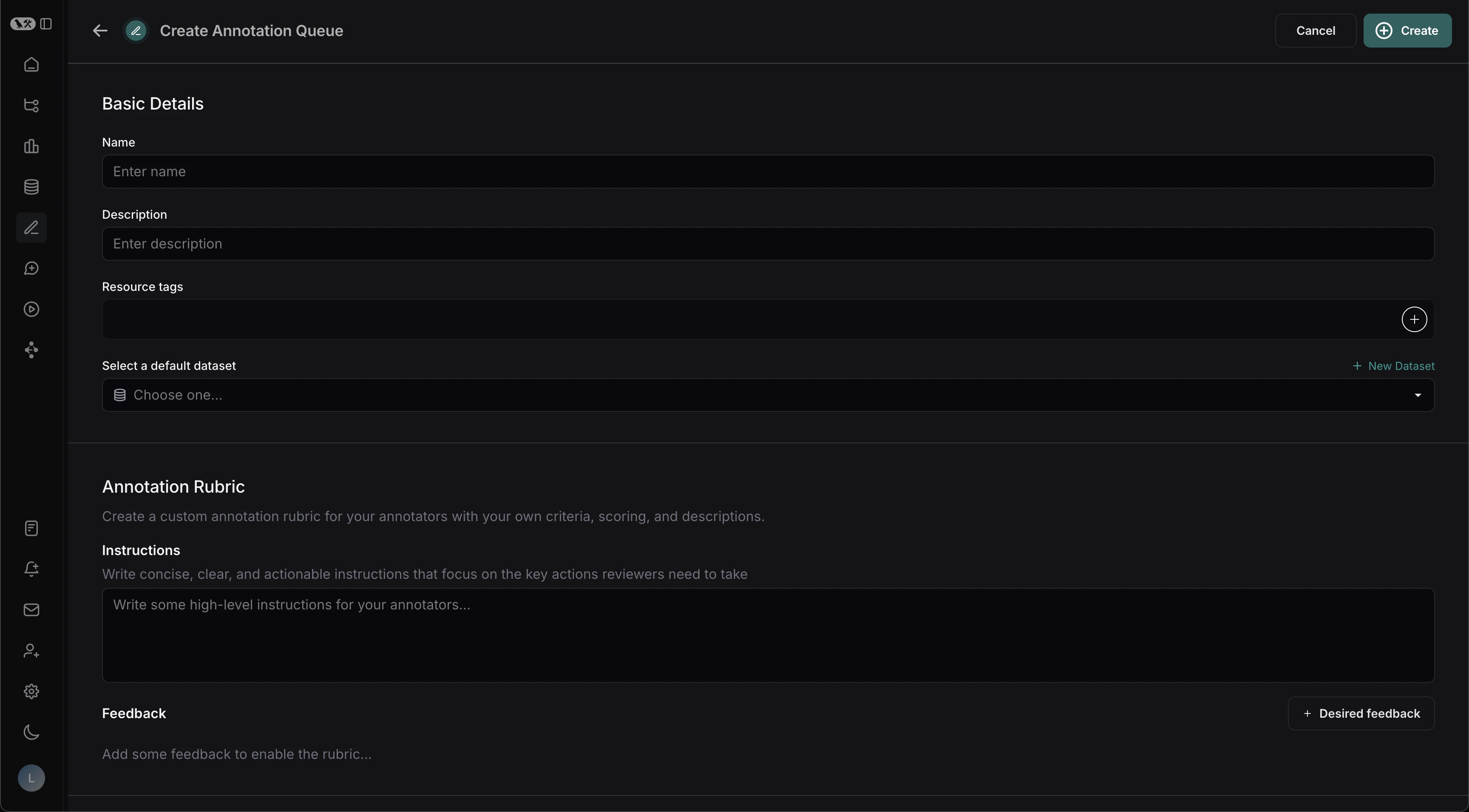 创建标注队列表单,包含基本详情、标注评分标准和反馈部分。