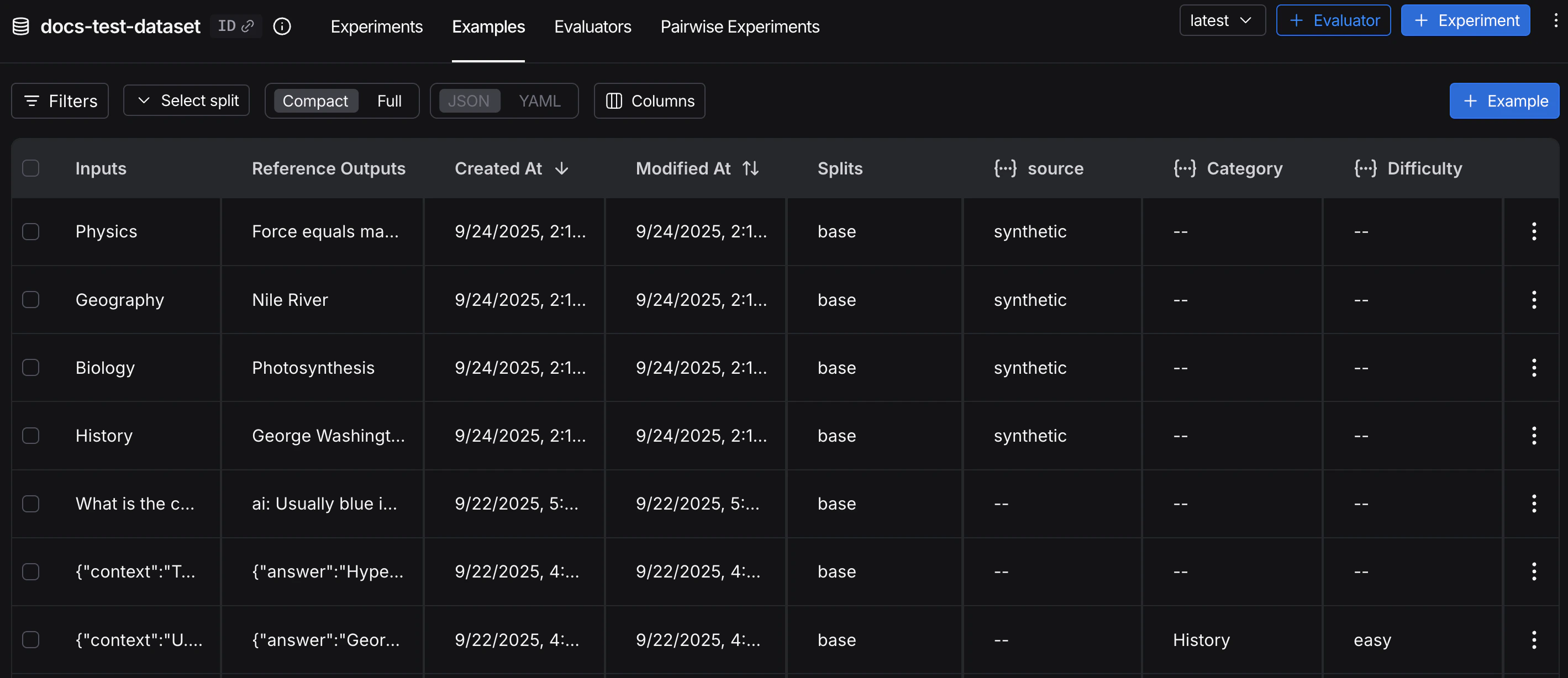 LangSmith UI 中 Examples 选项卡上的数据集列表。