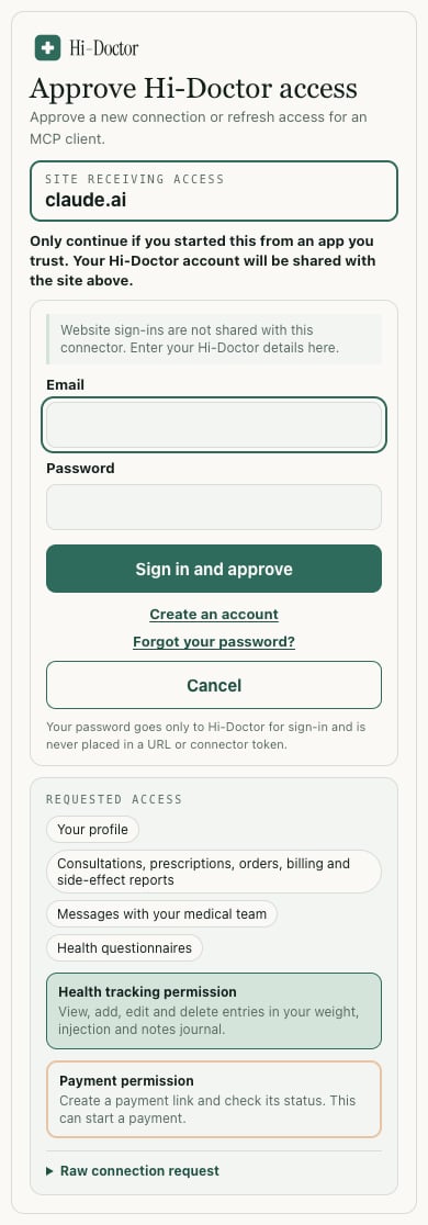 Hi-Doctor approval page showing the site receiving access, a sign-in form, and links to create an account or reset a password