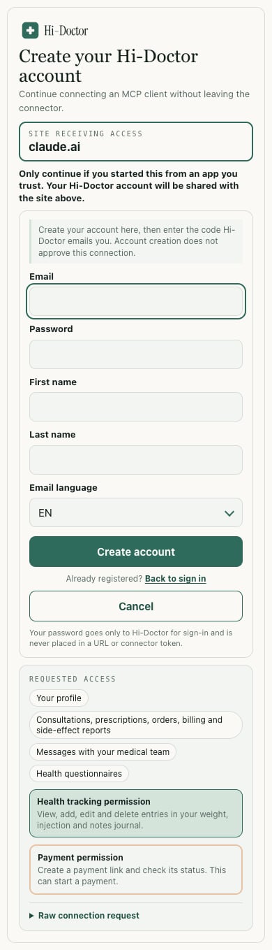 Hi-Doctor account creation screen inside the connector, with email, password, name and email-language fields alongside the requested permissions