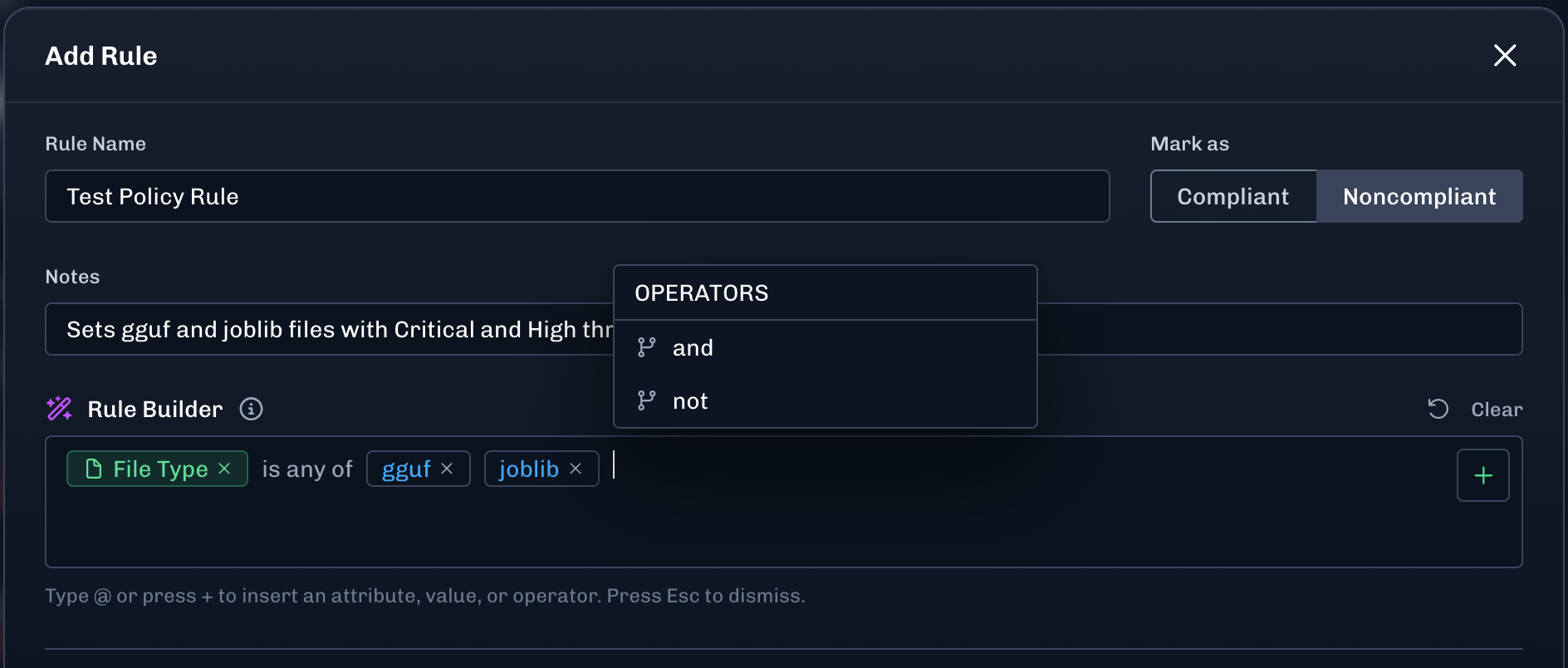 Add an operator to the rule builder