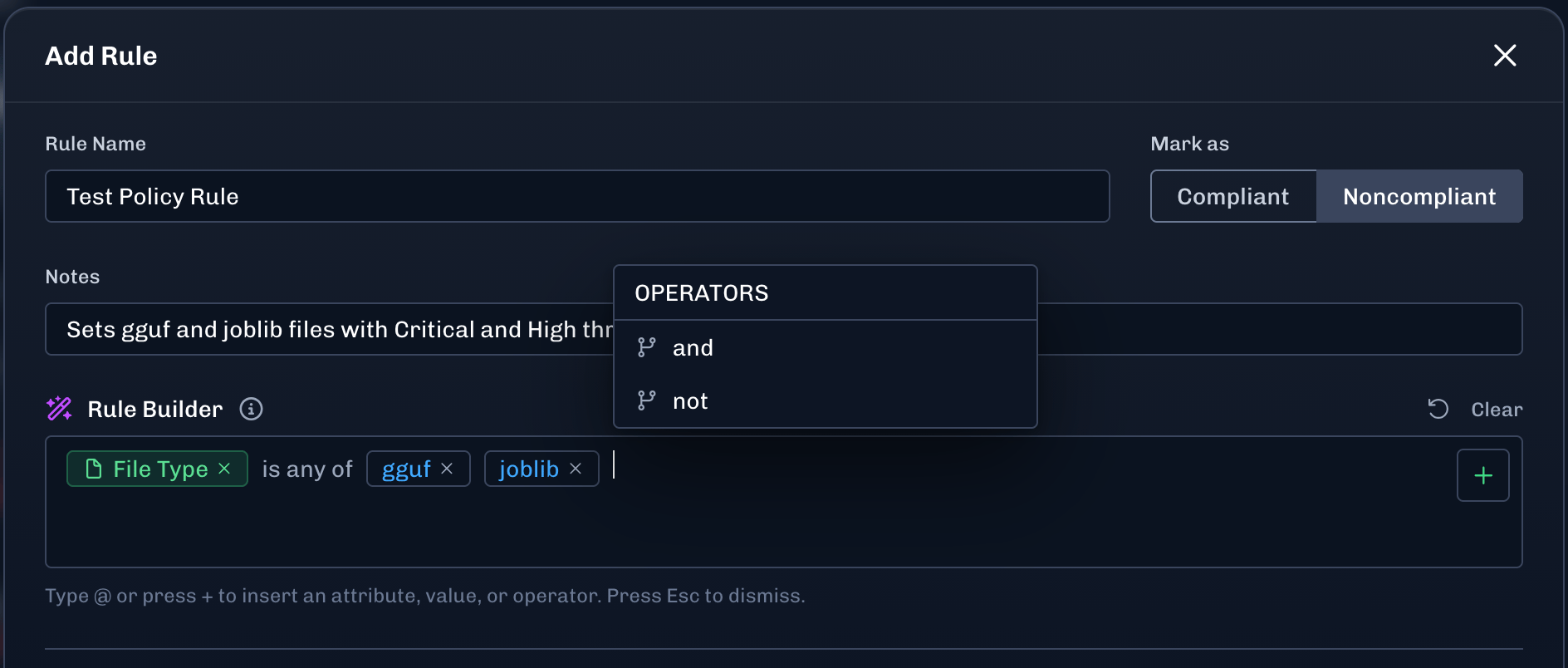 Add an operator to the rule builder