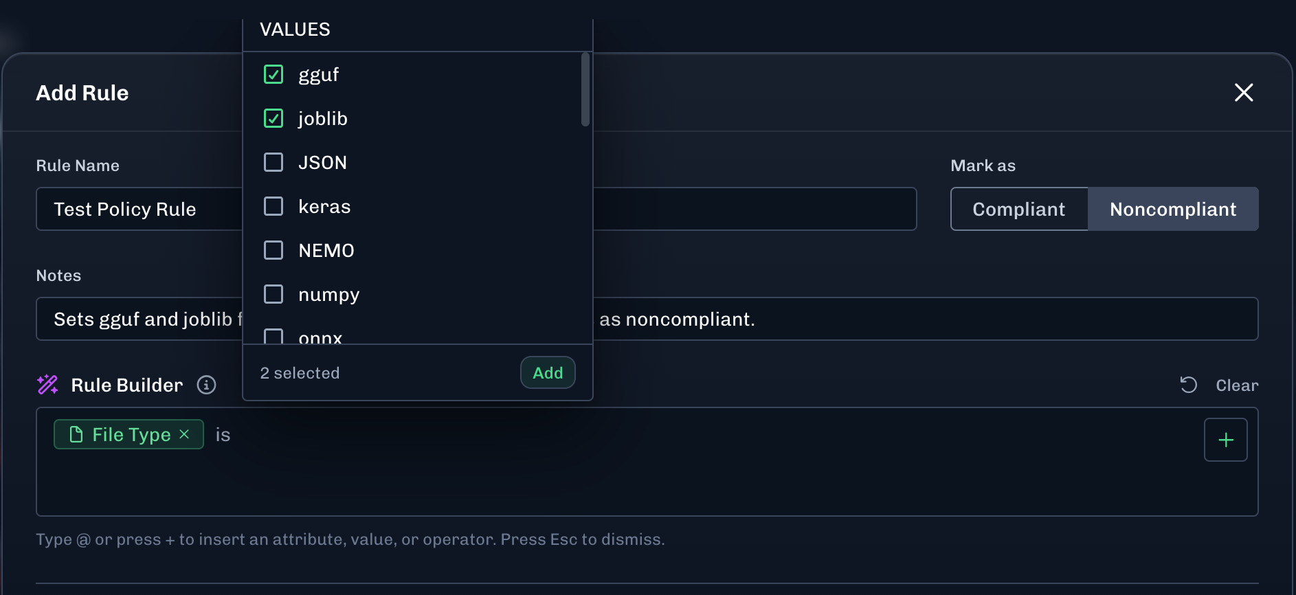 Add values to the rule builder