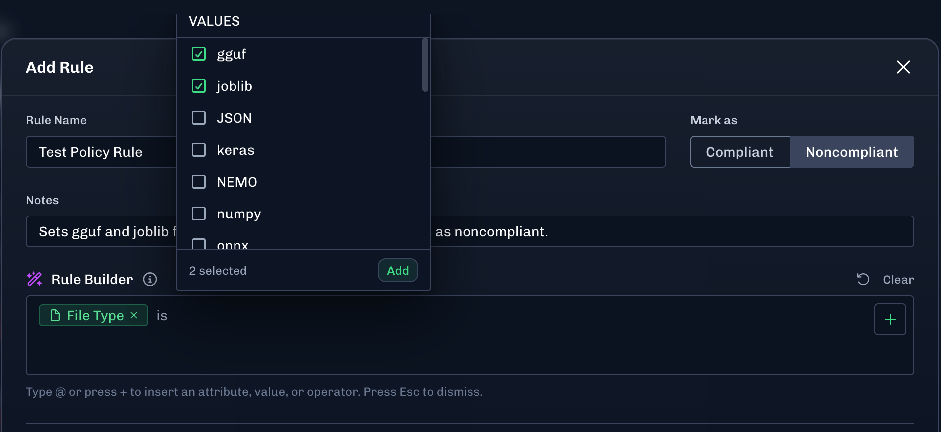 Add values to the rule builder