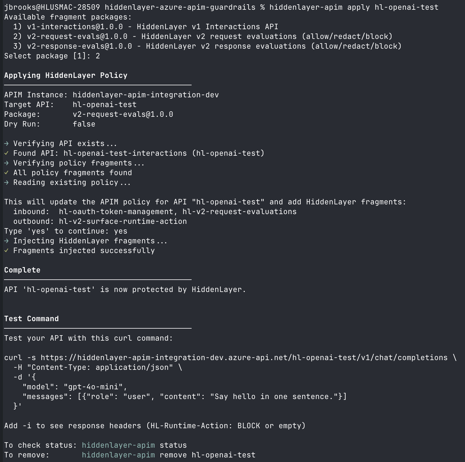 hiddenlayer-apim apply terminal output showing package selection, confirmation prompt, fragment injection, and a sample curl test command