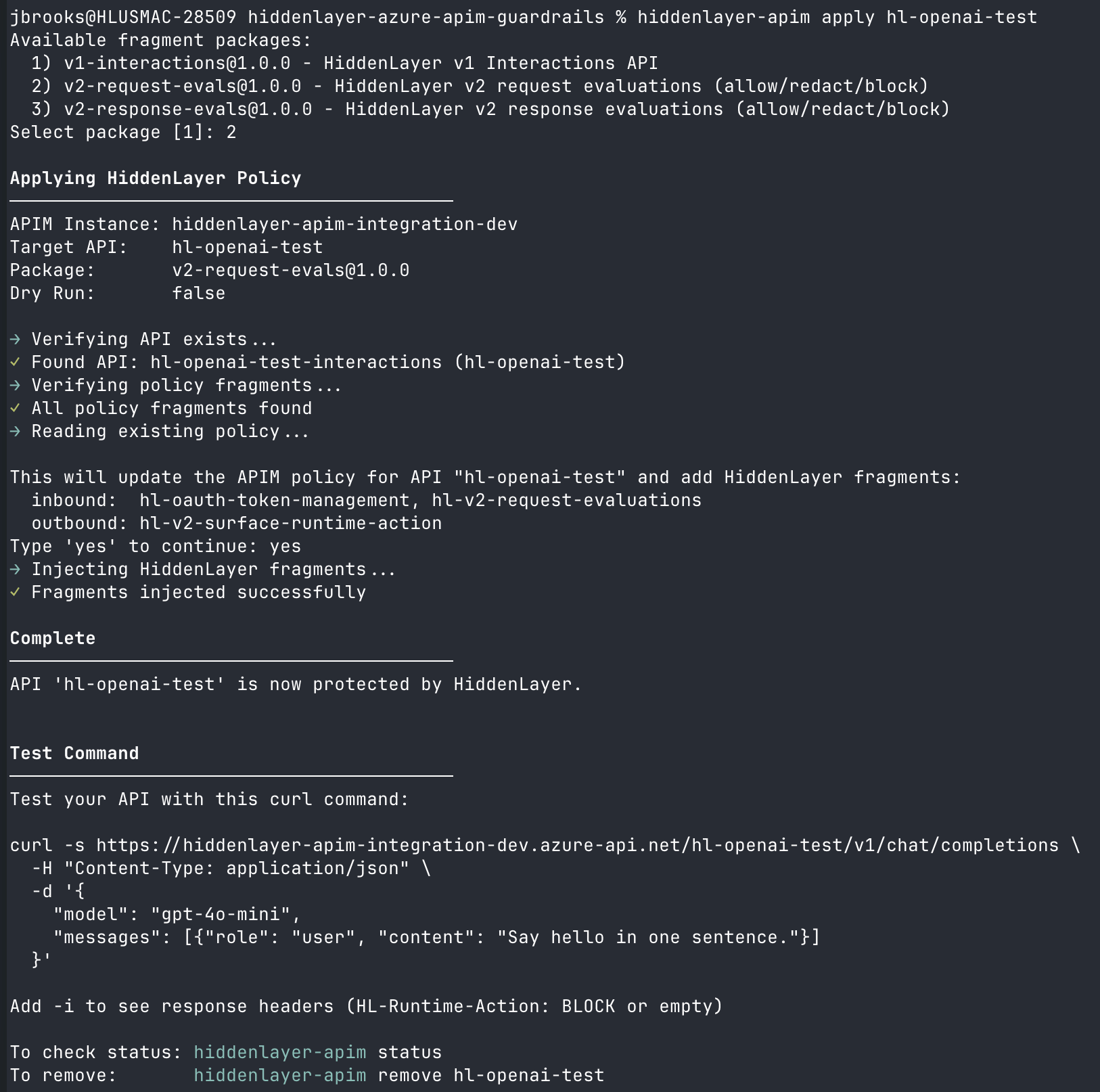 hiddenlayer-apim apply terminal output showing package selection, confirmation prompt, fragment injection, and a sample curl test command