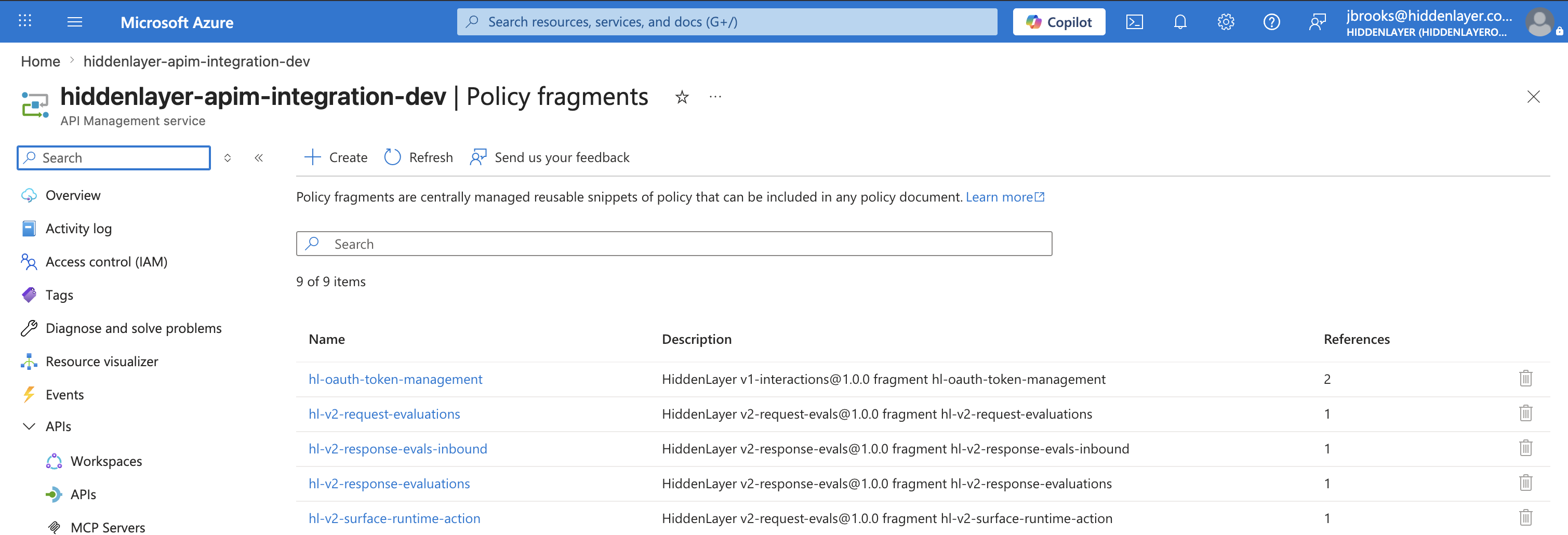 Azure portal Policy fragments page after apply showing increased Reference counts for the injected HiddenLayer fragments