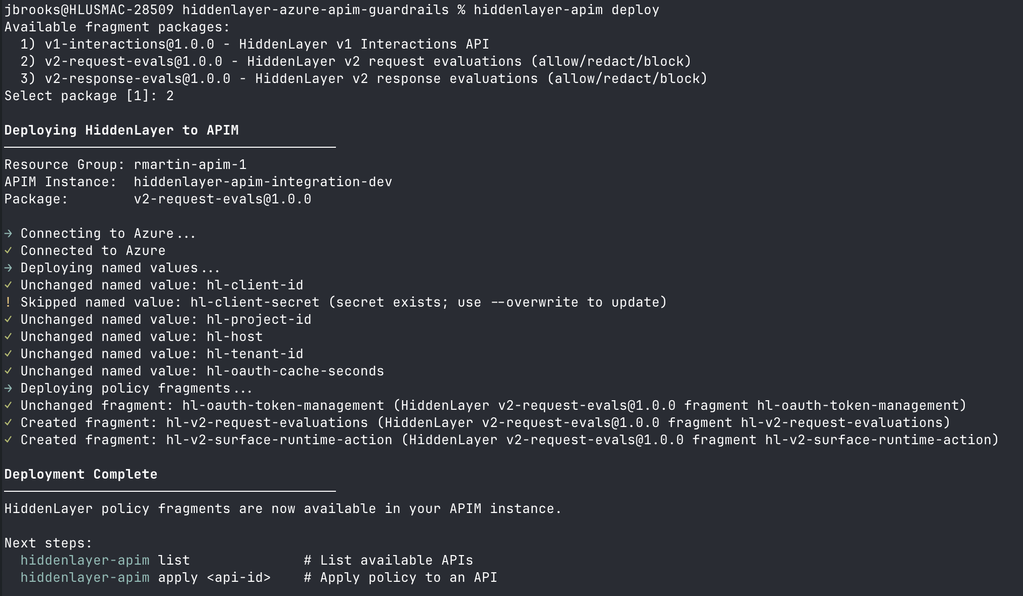 hiddenlayer-apim deploy terminal output showing interactive package selection, named-value creation, and fragment creation