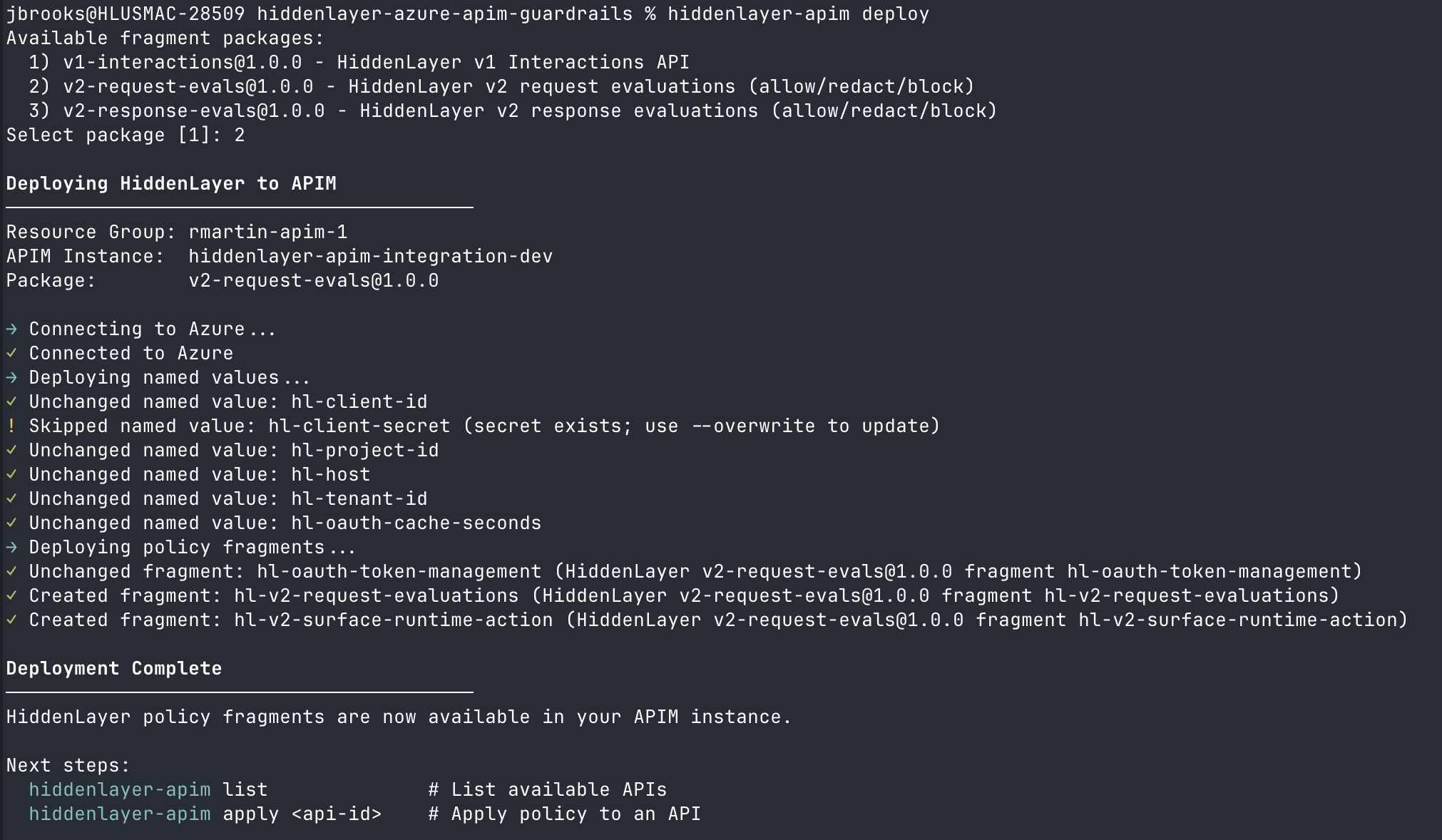 hiddenlayer-apim deploy terminal output showing interactive package selection, named-value creation, and fragment creation