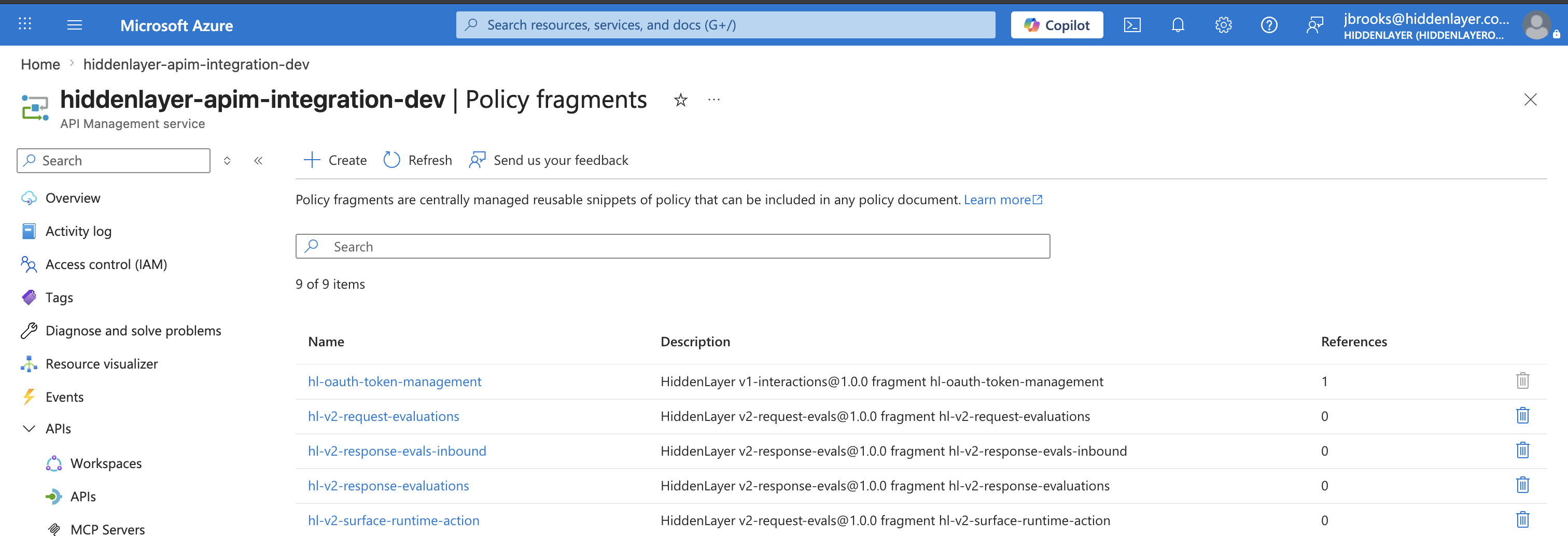 Azure portal Policy fragments page listing the HiddenLayer fragments created by deploy