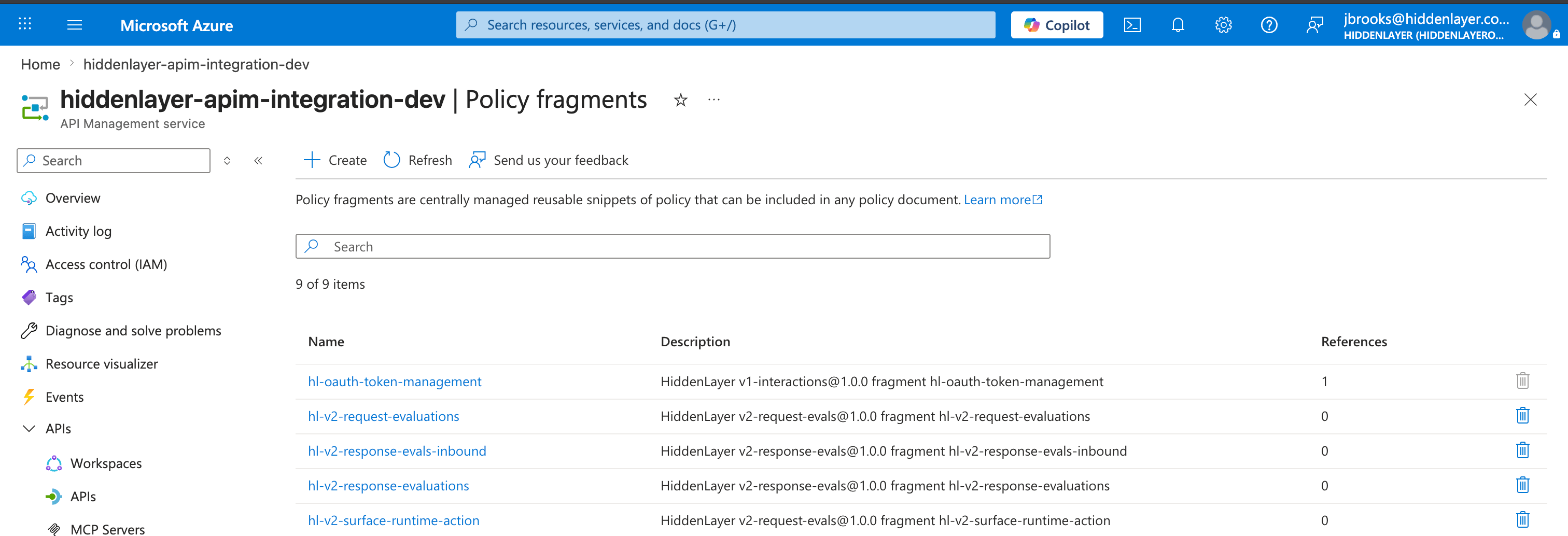 Azure portal Policy fragments page listing the HiddenLayer fragments created by deploy