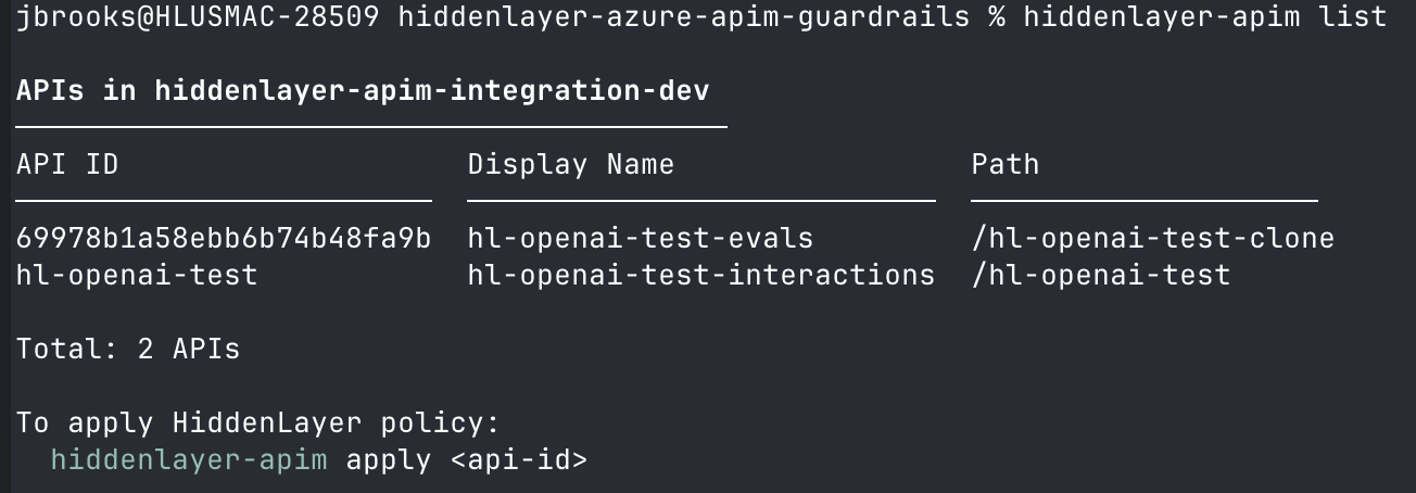 hiddenlayer-apim list terminal output showing API ID, display name, and path columns