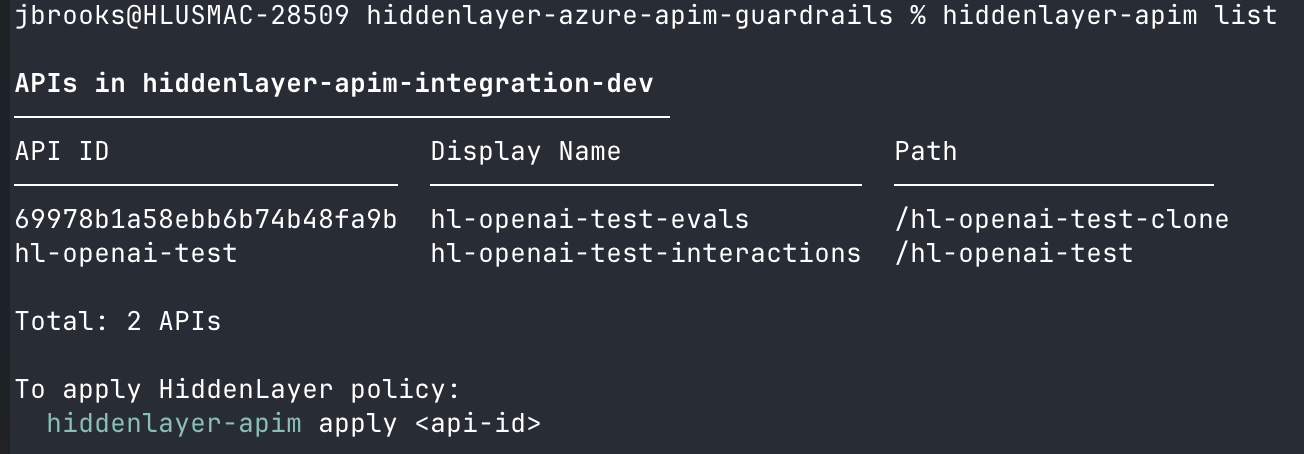 hiddenlayer-apim list terminal output showing API ID, display name, and path columns
