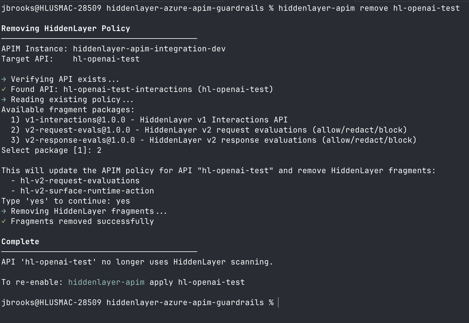 hiddenlayer-apim remove terminal output showing package selection, the list of fragments to remove, and confirmation