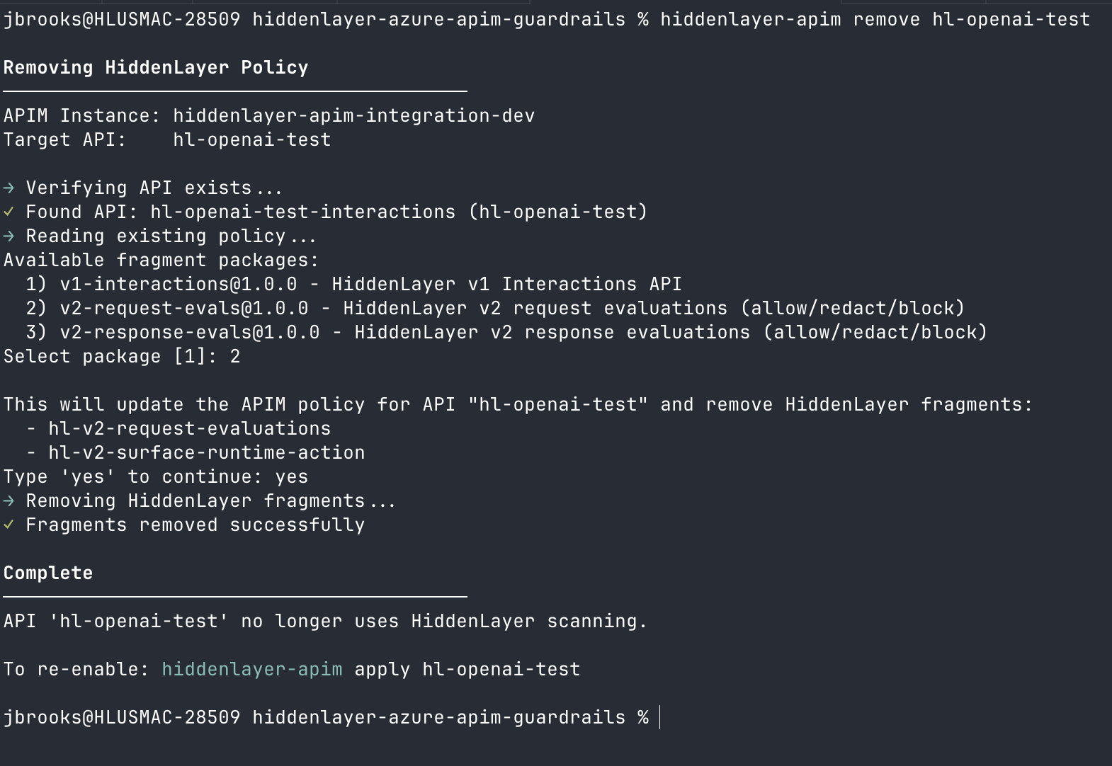 hiddenlayer-apim remove terminal output showing package selection, the list of fragments to remove, and confirmation