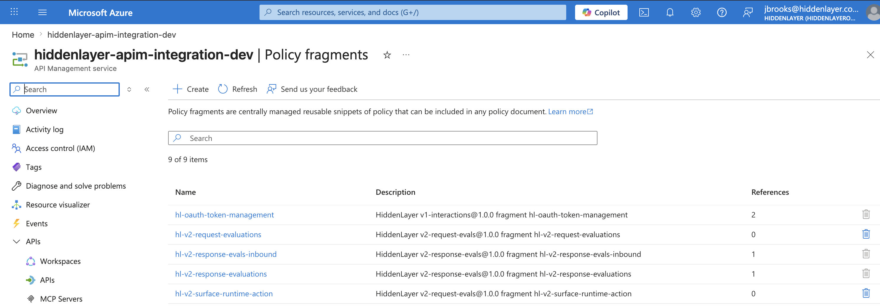Azure portal Policy fragments page after remove showing reduced References for the removed fragments while the shared oauth fragment still has references